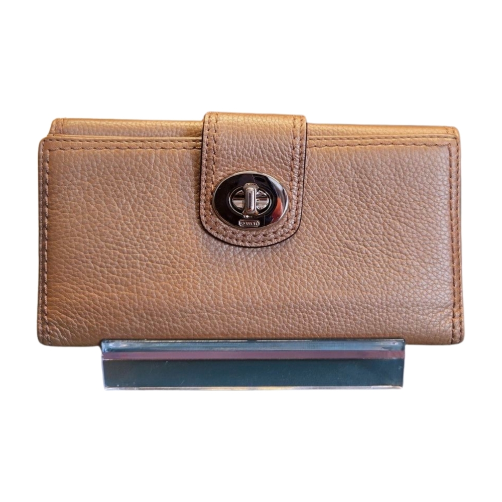 COACH Turnlock Continental Pearlescent Tan Trifold Wallet
